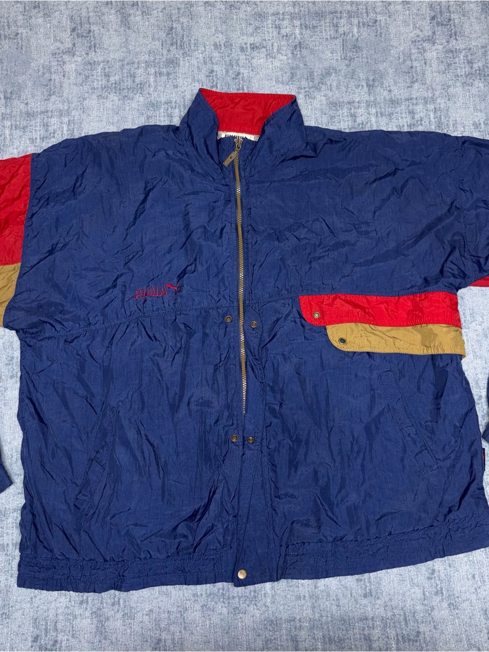 Vintage 90s Puma Navy Windbreaker Jacket with Red & Tan Accents